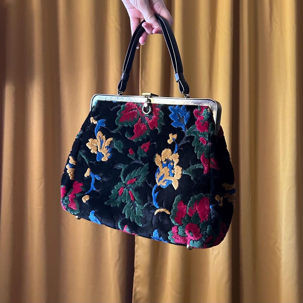 Vintage 50s 60s Floral Carpet Bag, Cara Chenille Tapestry Purse